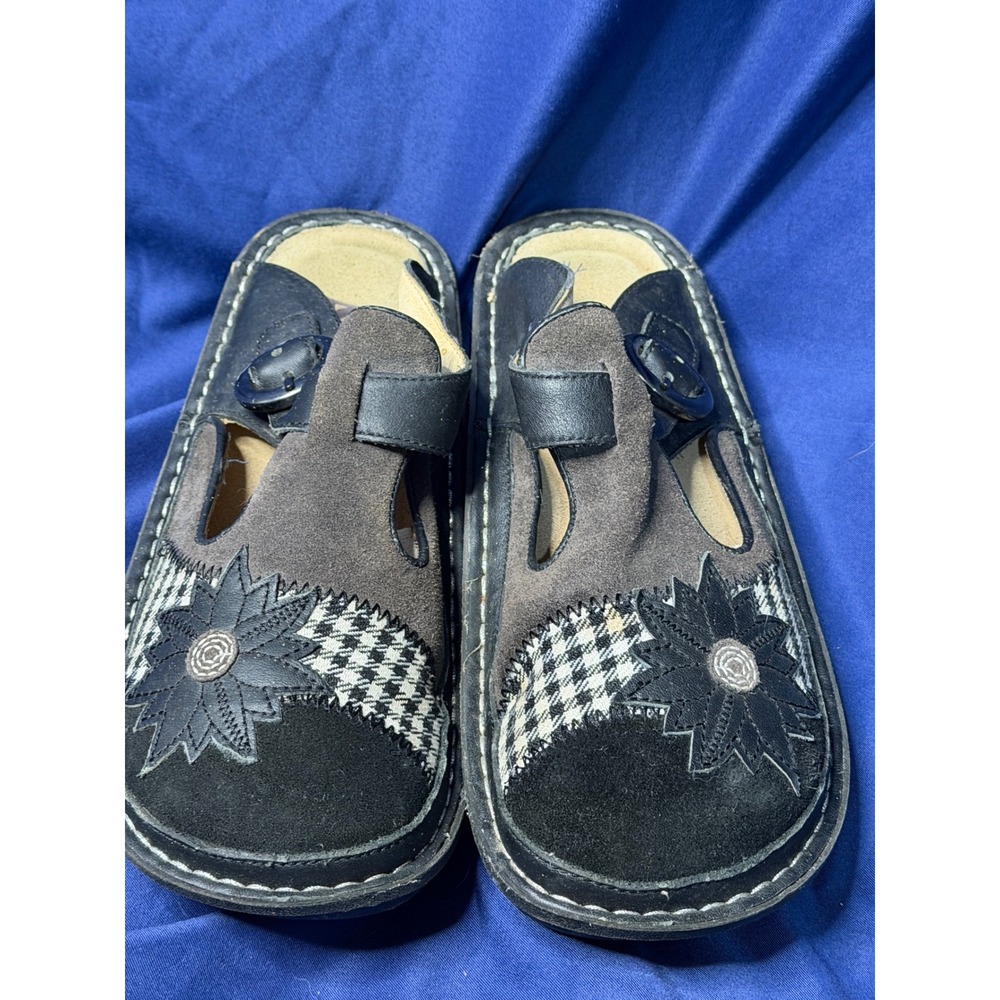 Alegria by PG Lite ALG-945 Black Grey Houndstooth Floral Leather Mules 7.5